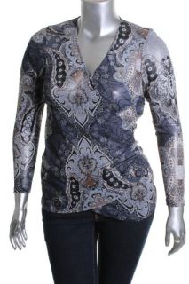 Karen Kane New First Frost Blue Paisley Long Sleeve Faux Wrap Top