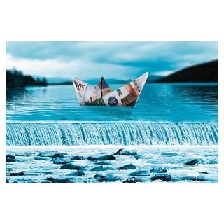 Origami paper boat of euro notes on waterfall Poster