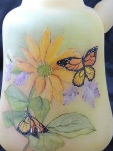 Cameo Satin Ewer Handpainted KATHLEEN SPONSLER Flowers & Butterflies