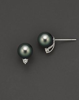 Black Pearl Stud Earrings with Diamonds, 9 10 mm