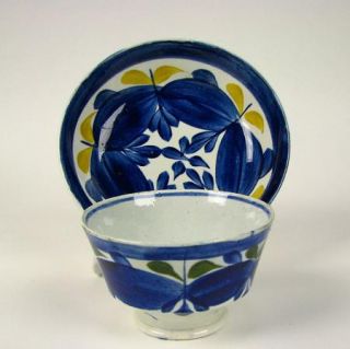 Antique Leeds Pearlware Glaze Handless Cup Saucer Pratt Colors