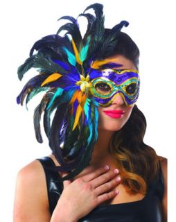 Mardi Gras Mask Purple Blue Gold Sequin Feather Masquerade Costume