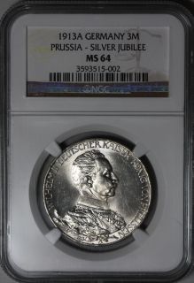 1913 NGC MS 64 Prussia Silver 3 Mark 25th Reign Year Issue German