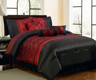 Black Burgundy Satin Comforter Set King Size Bed in A Bag New