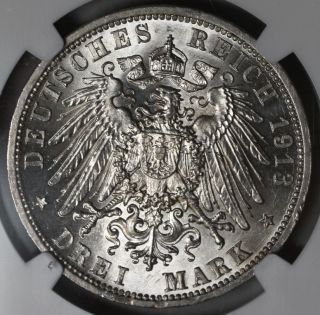 1913 NGC MS 64 Prussia Silver 3 Mark 25th Reign Year Issue German