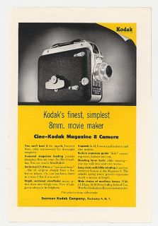 1954 Kodak Cine Kodak Magazine 8 Movie Camera Print Ad
