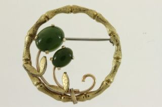 Vintage Krementz Costume Jewelry Gold Tone Jade Inset Circle Brooch