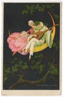 Postcard of A Pierrot Playing Mandolin on Crescent Moon