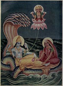 vishnu with lakshmi on the serpent ananta shesha as brahmā emerges