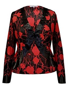Chesca Abstract floral print mesh shrug with satin trim Red   