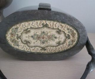 RARE Wilardy Vintage Gray Lucite w Beaded Embroidered Top Oval Box