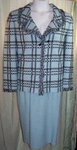 St John Black Frost Blue Tweed Fringe Jacket Skirt Suit 14 $1840