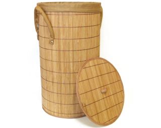 Natural Round Bamboo Foldable Laundry Basket Hamper with Lining