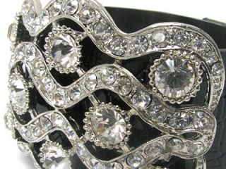 Black Leather Crystal Stud Rhinestone Silver Bracelet