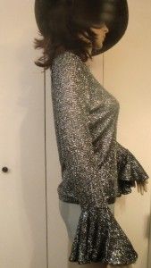 Xscape Glam Shiny Shimmery Sparkling Stretchy Silver Top Blouse Flared