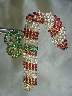 Nice Signed Dominique Christmas Candy Cane Crystal Rhinestone Pin