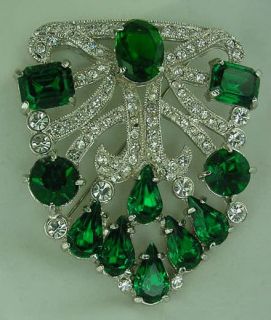 Signed Vasari Emerald Vintage Style Brooch Pin Made with Swarovski