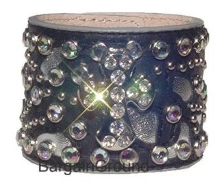 New Rhinestone Crystal Bling Black Cross Leather Cuff Bracelet