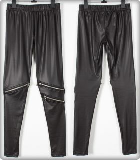Zipper Leather Tights Leggings Motorcycle Pants   Details faux Leather