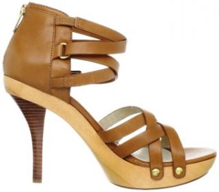 Womens Michael Kors Leonia Platform Sandals Strappy Heels Luggage Tan