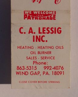1960s Matchbook C A Lessig Heating Oil Wind Gap PA MB