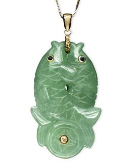 14k Gold Necklace, Jade and Sapphire (1/8 ct. t.w.) Double Fish