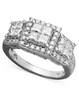 Diamond Ring, 14k White Gold Diamond Square Three Stone Ring (1 1/2 ct