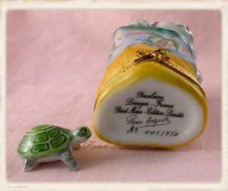Limoges Porcelain Trinket Box Cat in Beach Bag with Turtle New French