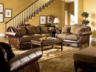Trim Chenille Faux Leather Sofa Couch Set Living Room Furniture