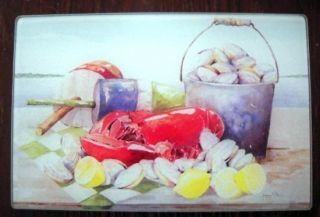 Lobster Clams Seafood Cutting Board Glass Counter Saver Nautical Beach