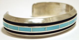 Turquoise Inlay Sterling Silver Cuff Bracelet Larry Loretto