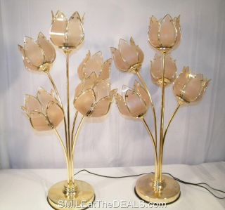 Hollywood Regency Smoked Glass Lotus Flower Lamps