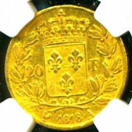 1818 A France Louis XVIII Gold Coin 20 Francs NGC Gem