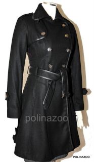 Guess Coat Long Sleeve Belted Wool Military Jacket Style Leather Trim