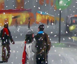 Pete Rumney Art Winter in The City Original Snow Snowing Cityscape
