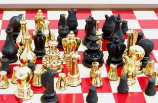 Courier Chess Set Solid Brass with Hand Painted Board 8 x 12 Medieval