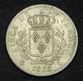 1815 L France Louis XVIII 1st Restoration Silver 5 Francs Coin Bayonne