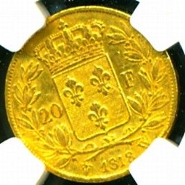1818 w France Louis XVIII Gold Coin 20 Francs NGC Gem