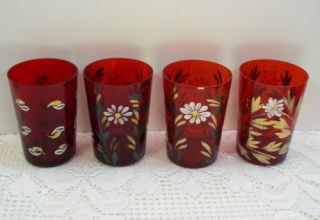 Set 4 Ruby Red Glass Painted 8oz Juice Tumblers Drinking Glasses