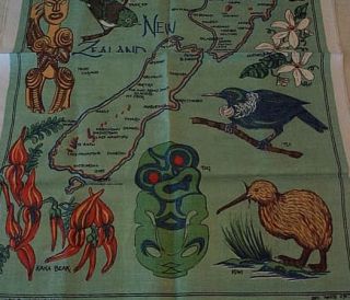 New Zealand Souvenir Linen Towel Map of Attractions Birds Fauna