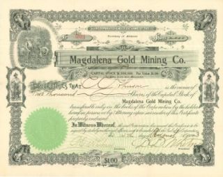 Magdelena Gold Mining Co AZ Territory Stock Certificate