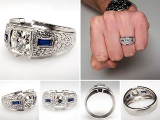 Vintage Mens Old Euro Diamond Sapphire Ring Solid 14k White Gold Fine