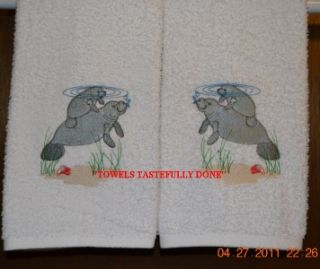 Manatees Playing 2 Embroidered Hand Towels by Susan