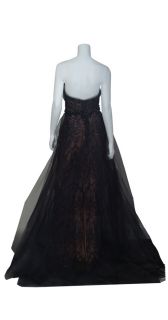 Marchesa Couture Black Lace Fitted Ruched Tulle Beaded Evening Gown