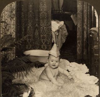 The Bath Baby on Fur Rug Hat H C White Bennington VT Stereoview