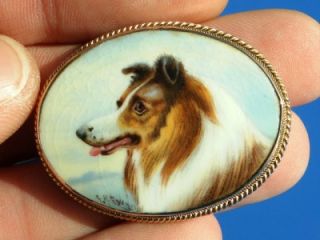 Antique Victorian Hand Painted Collie 9ct Gold Brooch