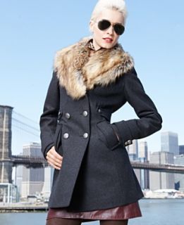 Laundry by Shelli Segal Coat, Faux Fur Collar Wool Blend Trench Coat