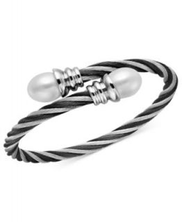 Stainless Steel Bracelet, White Cultured Freshwater Pearl Bangle (10