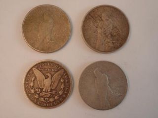 Lot of 4 90 Silver Dollars 1 Morgan 3 Peace Dollars 1889O 1922D 1923s