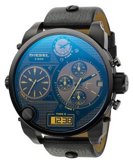 Diesel Watch, Analog Digital Chronograph Black Leather Strap 65x57mm